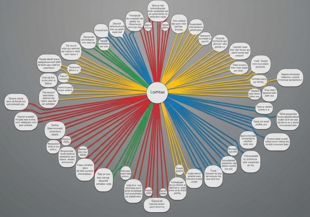 롬복 중심의 다채로운 방사형 마인드맵 다이어그램 여러 주제와 하위 카테고리를 색상별로 구분한 복잡한 정보 구조 시각화