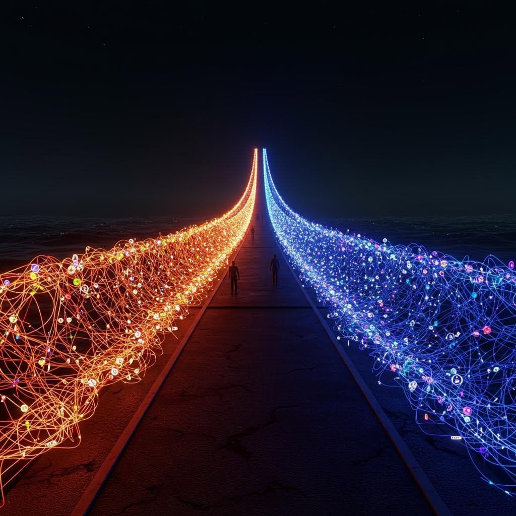 주황색과 파란색 빛으로 나뉜 데이터 흐름 위를 걷는 사람들