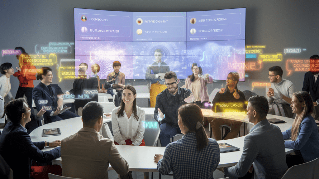 홀로그램 인터페이스 속에서 토론하는 디지털 회의 참가자들