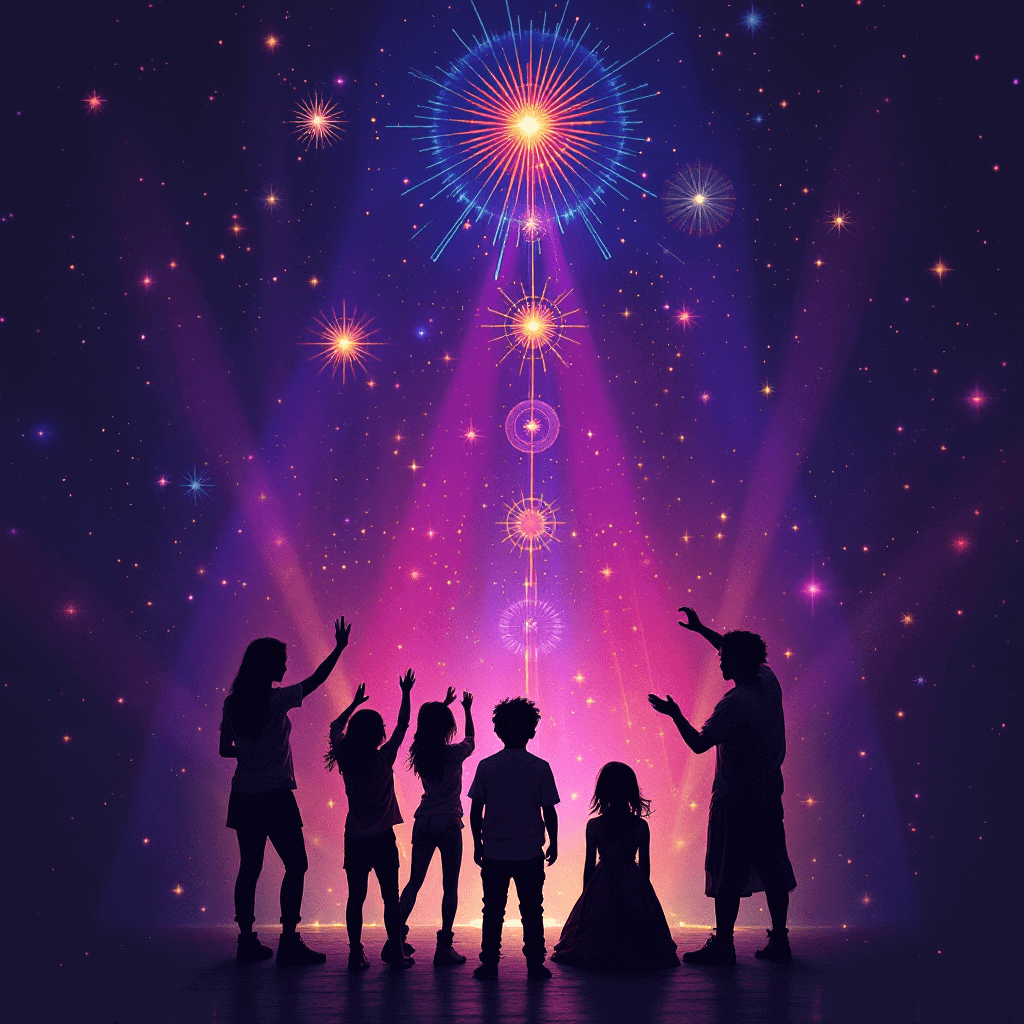 빛과 별빛 아래에서 손을 들고 감정을 표현하는 사람들의 실루엣