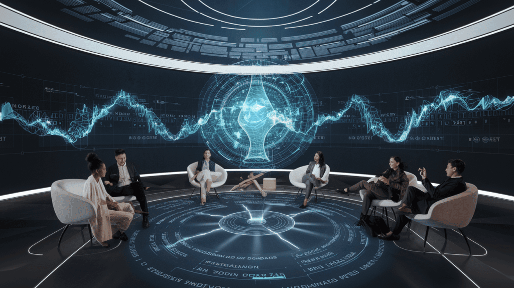 원형 디지털 공간에서 데이터 시각화를 논의하는 전문가 그룹