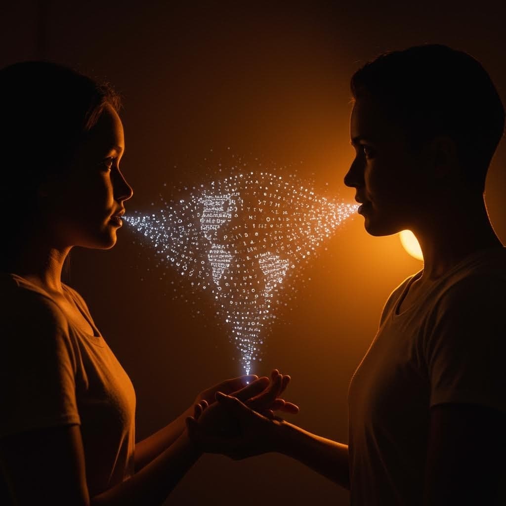 손을 맞잡은 두 사람 사이로 빛의 데이터가 흐르는 장면