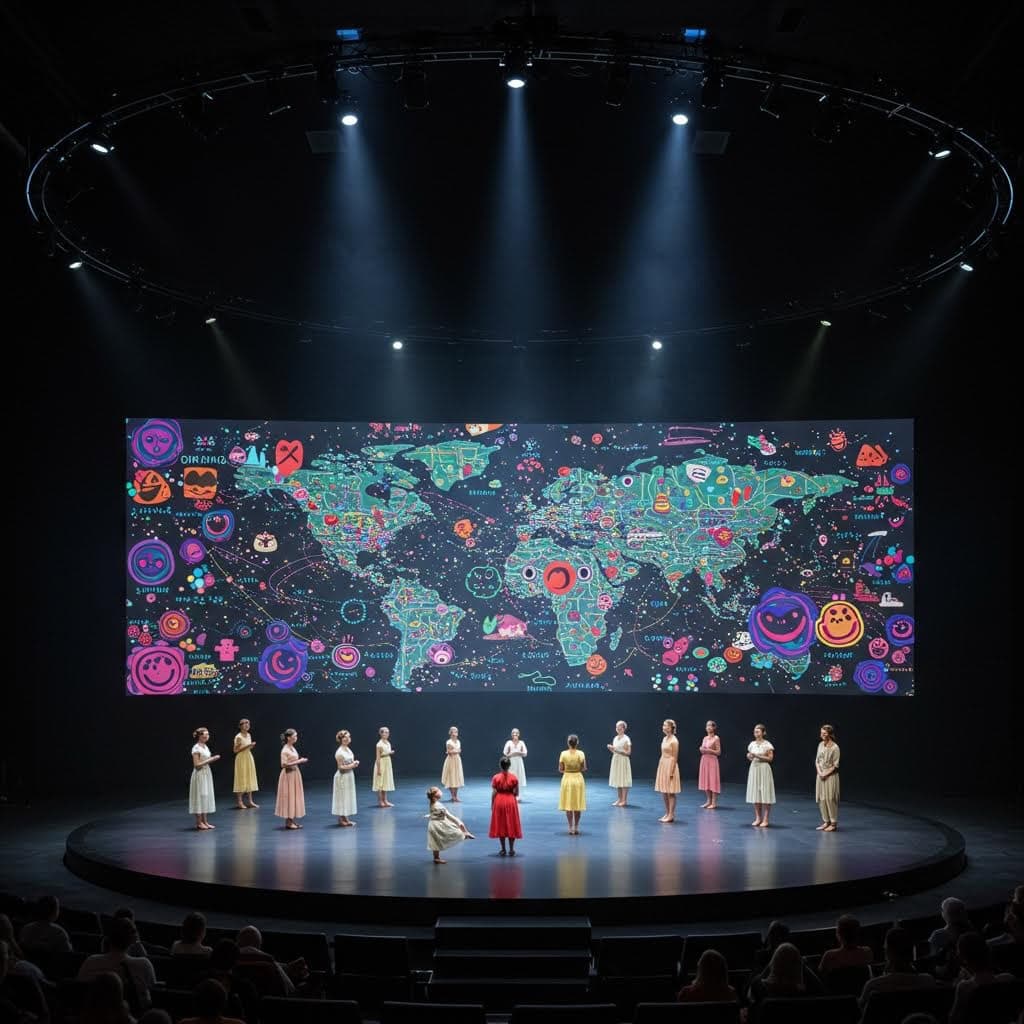 세계 지도를 배경으로 무대에 선 공연자들과 인터랙티브 아트