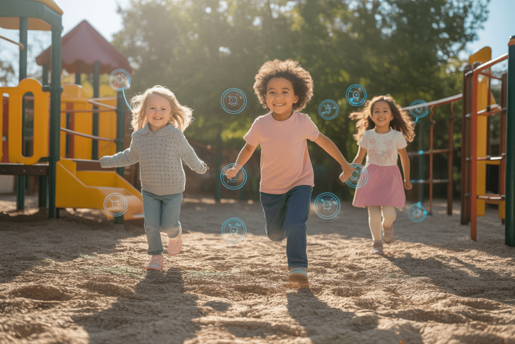 햇살 아래 놀이터에서 손을 잡고 달리는 세 명의 아이들