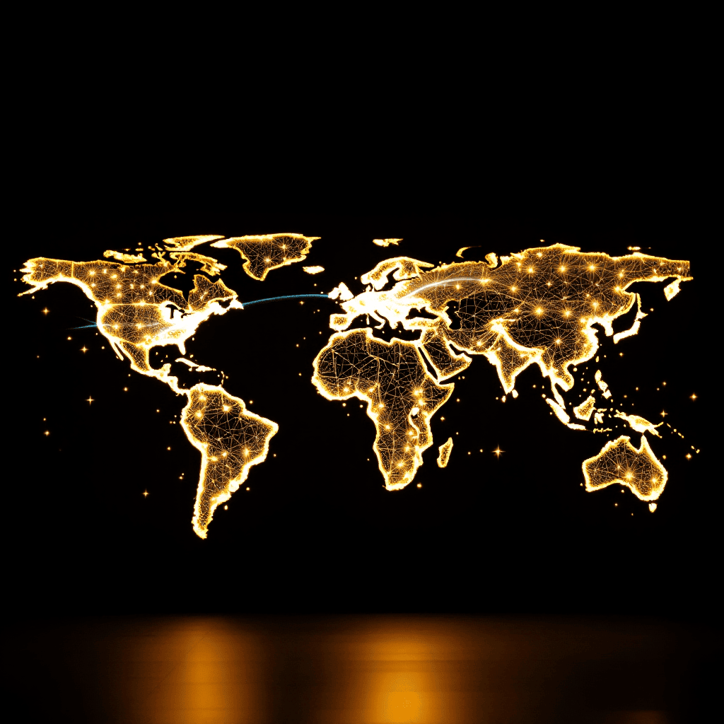 황금빛 네트워크로 연결된 세계 지도 형태의 디지털 지구 연결망