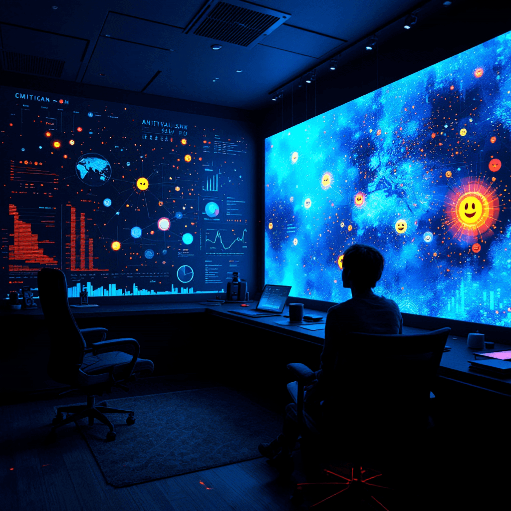 감정 데이터를 시각화한 대형 스크린을 바라보는 분석가의 모습