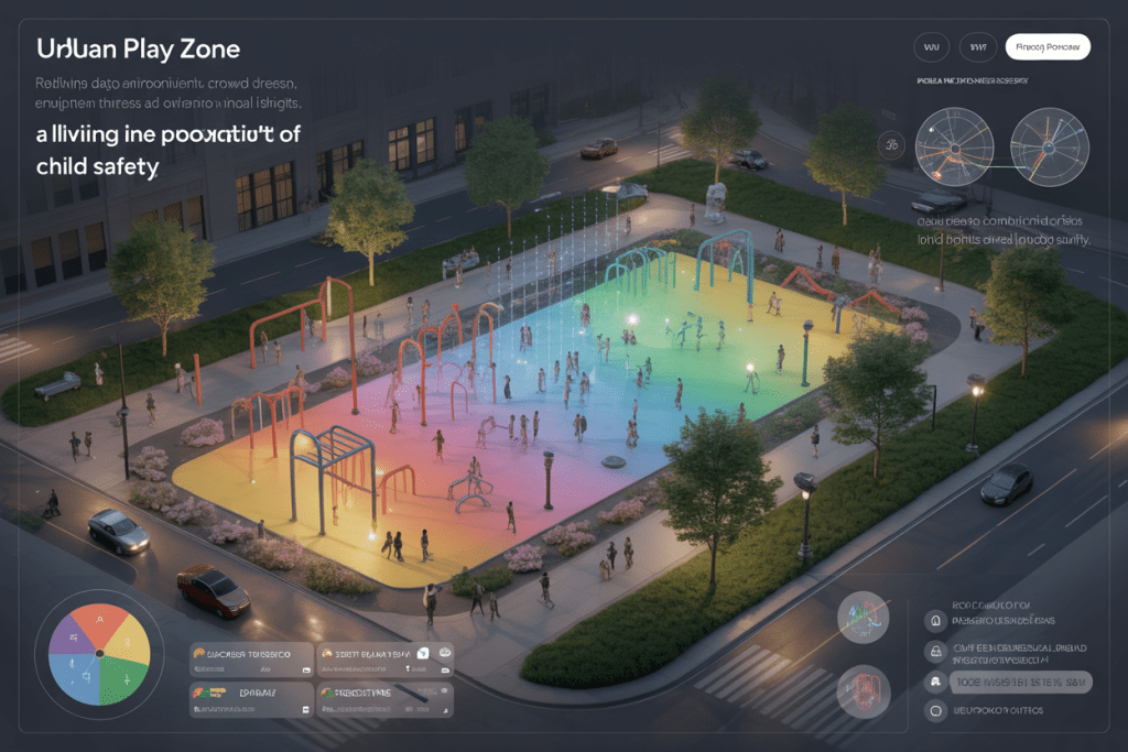 도시 한가운데 빛으로 꾸며진 스마트 플레이존의 야경