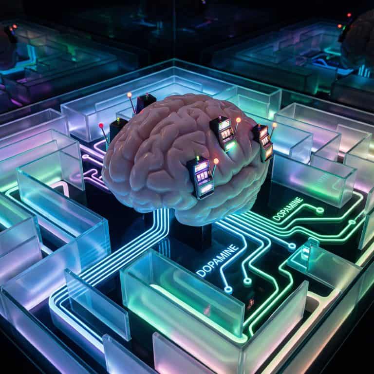 빛나는 미로에 갇힌 뇌가 보이며 중독 회로처럼 도파민 경로와 슬롯머신 레버가 빛나고 있습니다.