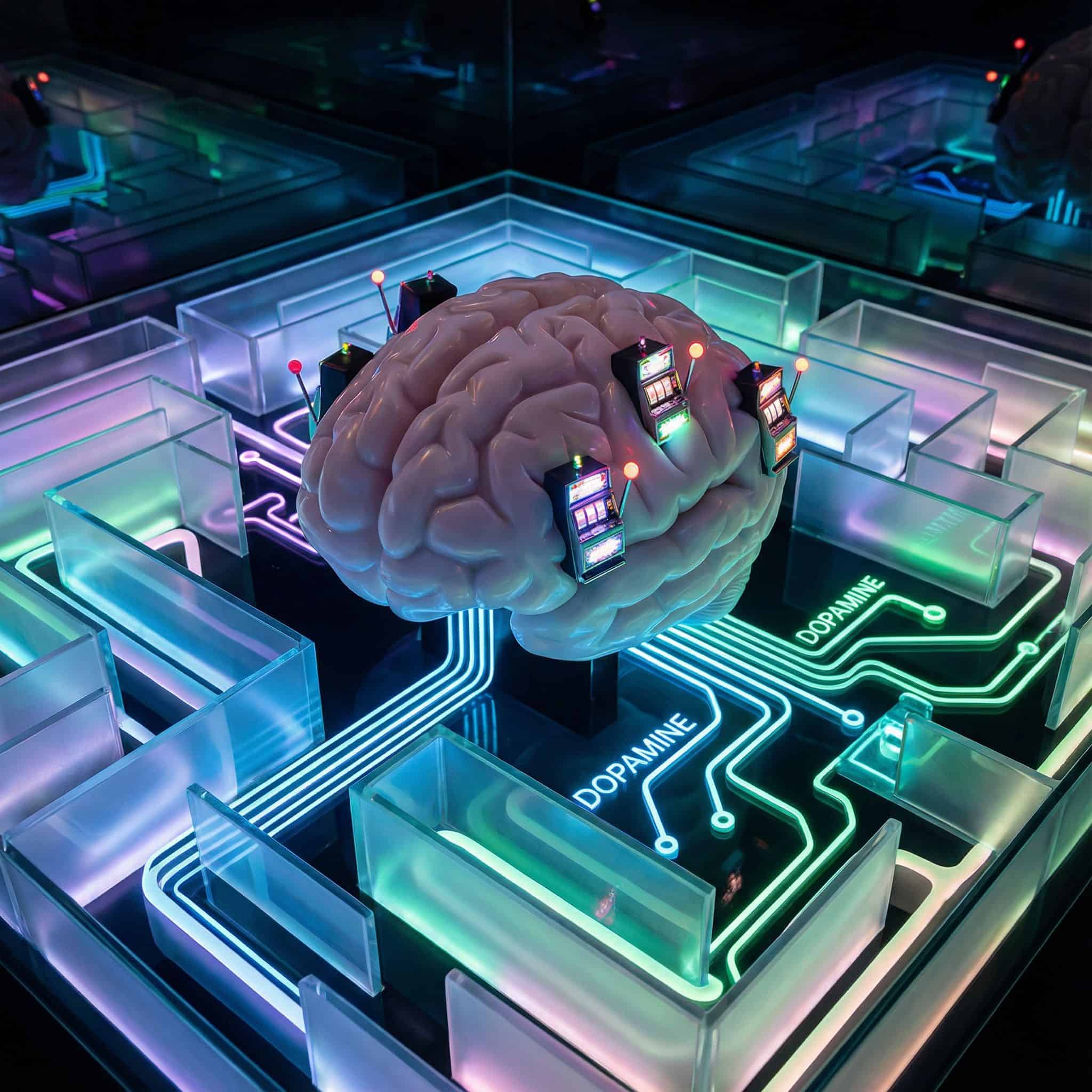빛나는 미로에 갇힌 뇌가 보이며 중독 회로처럼 도파민 경로와 슬롯머신 레버가 빛나고 있습니다.
