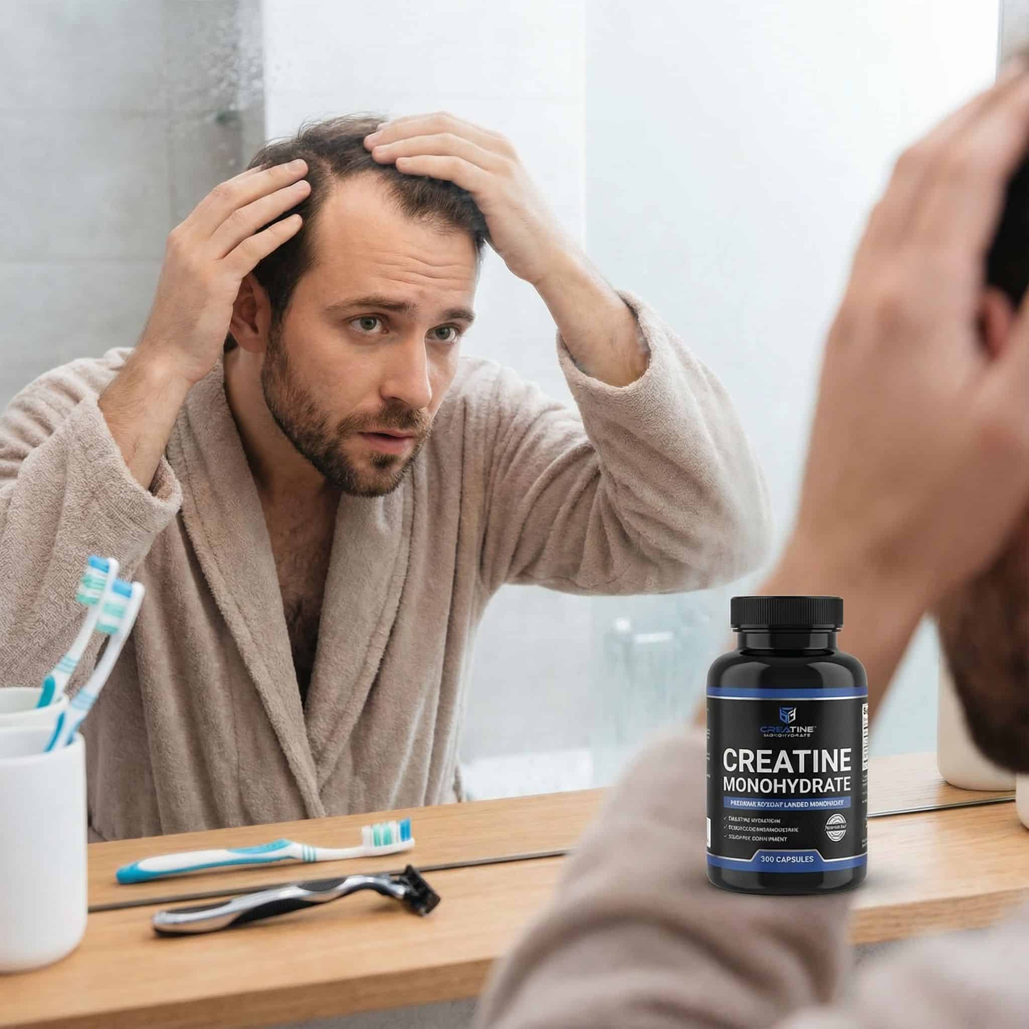 거울을 보며 머리숱이 줄어든 것을 걱정스럽게 바라보는 사람과, 화장실 대리석 위에 크레아틴 보충제 병이 놓여 있다.