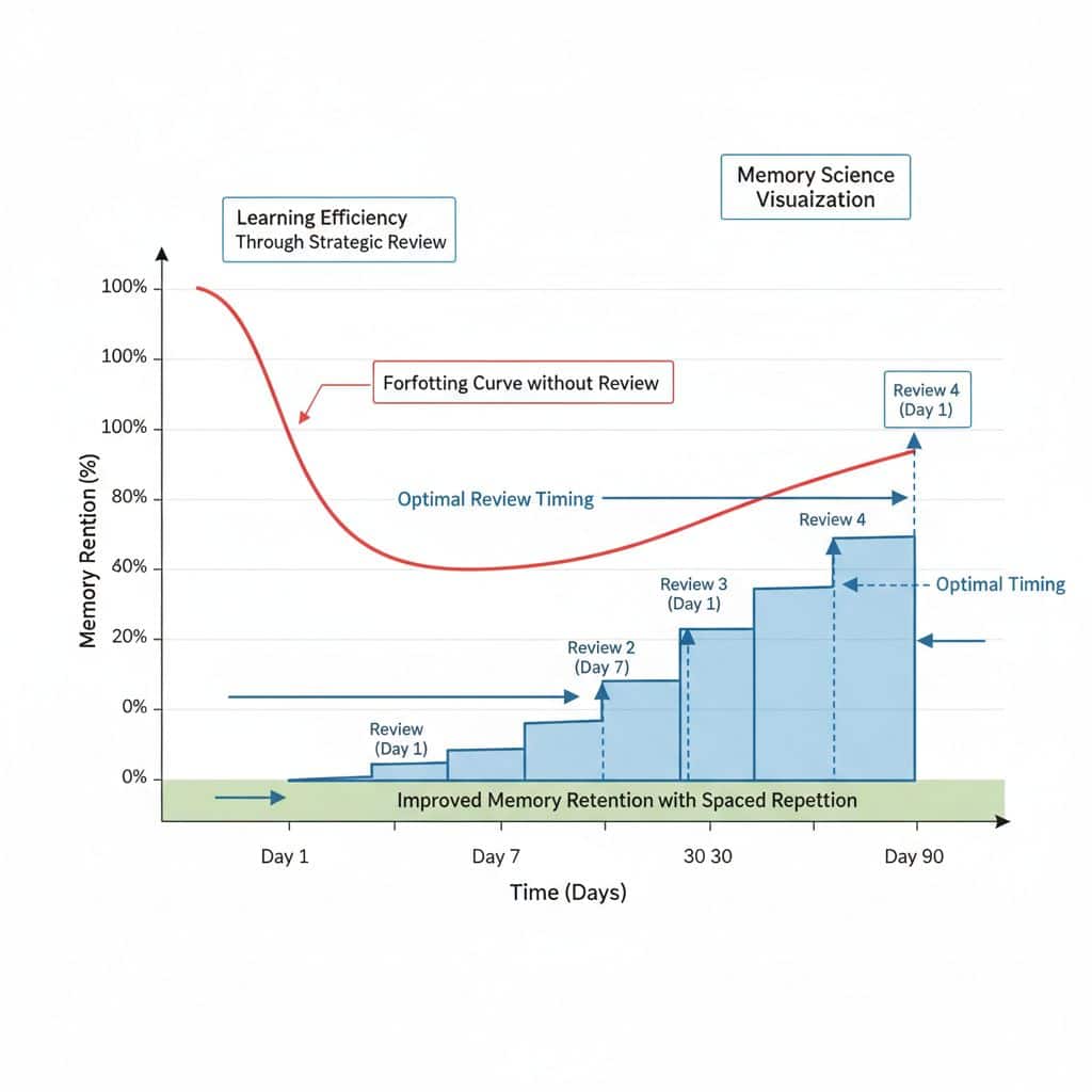간격 반복 학습법을 통한 기억 보존률 향상 그래프 망각 곡선과 최적의 복습 타이밍을 보여주는 학습 효율성 과학 인포그래픽
