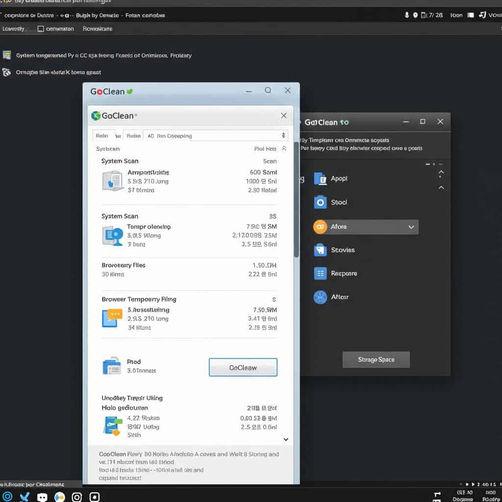 GoClean 시스템 최적화 앱 - 임시 파일, 브라우저 캐시, 불필요한 파일 정리를 위한 시스템 스캔 인터페이스.