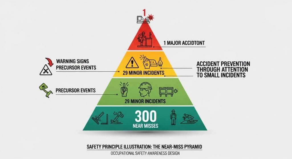 산업 안전 니어미스 피라미드 다이어그램 1건의 중대 사고 29건의 경미한 사고 300건의 아차사고로 구성된 예방 원칙 설명