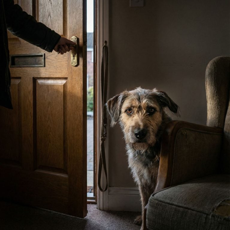 슬픈 눈빛의 강아지가 주인이 현관문을 닫는 모습을 바라보는 애처로운 장면이다.