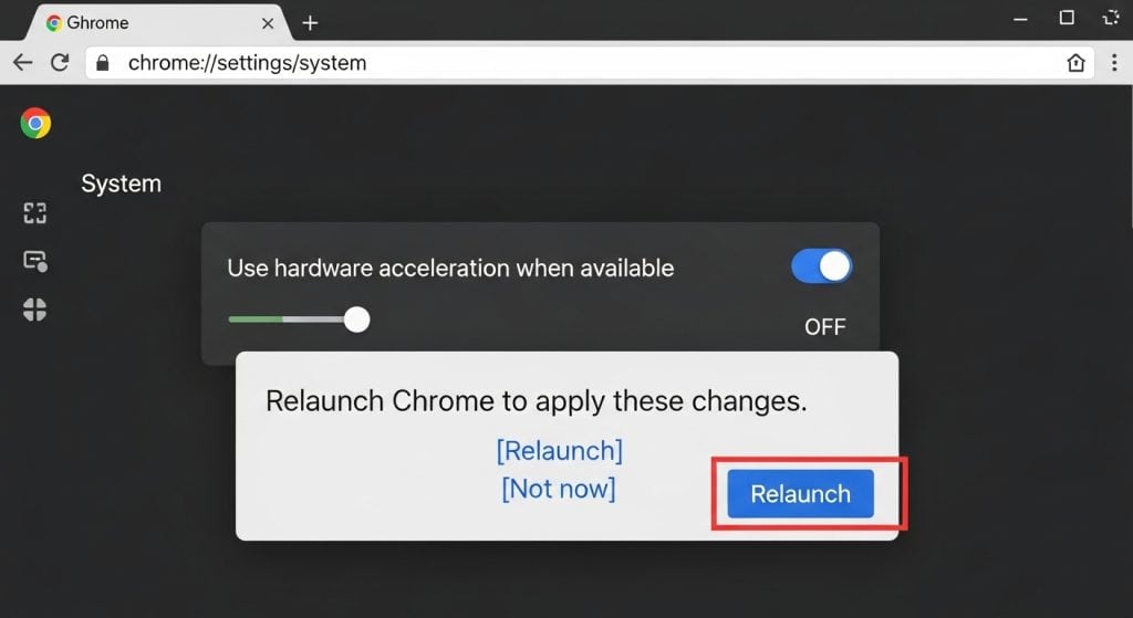 Chrome 시스템 설정 - 하드웨어 가속 기능 활성화 후 변경사항 적용을 위한 재시작 요청 대화상자.