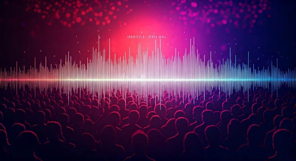 콘서트 관중 앞에 펼쳐진 화려한 오디오 스펙트럼 파형 시각화 빨강 분홍 보라 파랑 그라데이션 음향 주파수 디스플레이