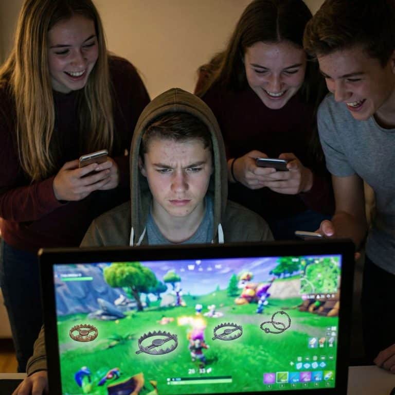 화면 빛에 얼굴을 묻은 십대와 웃는 친구들 뒤로, 화려한 게임 그래픽 속에 올가미와 덫이 숨어 있습니다.