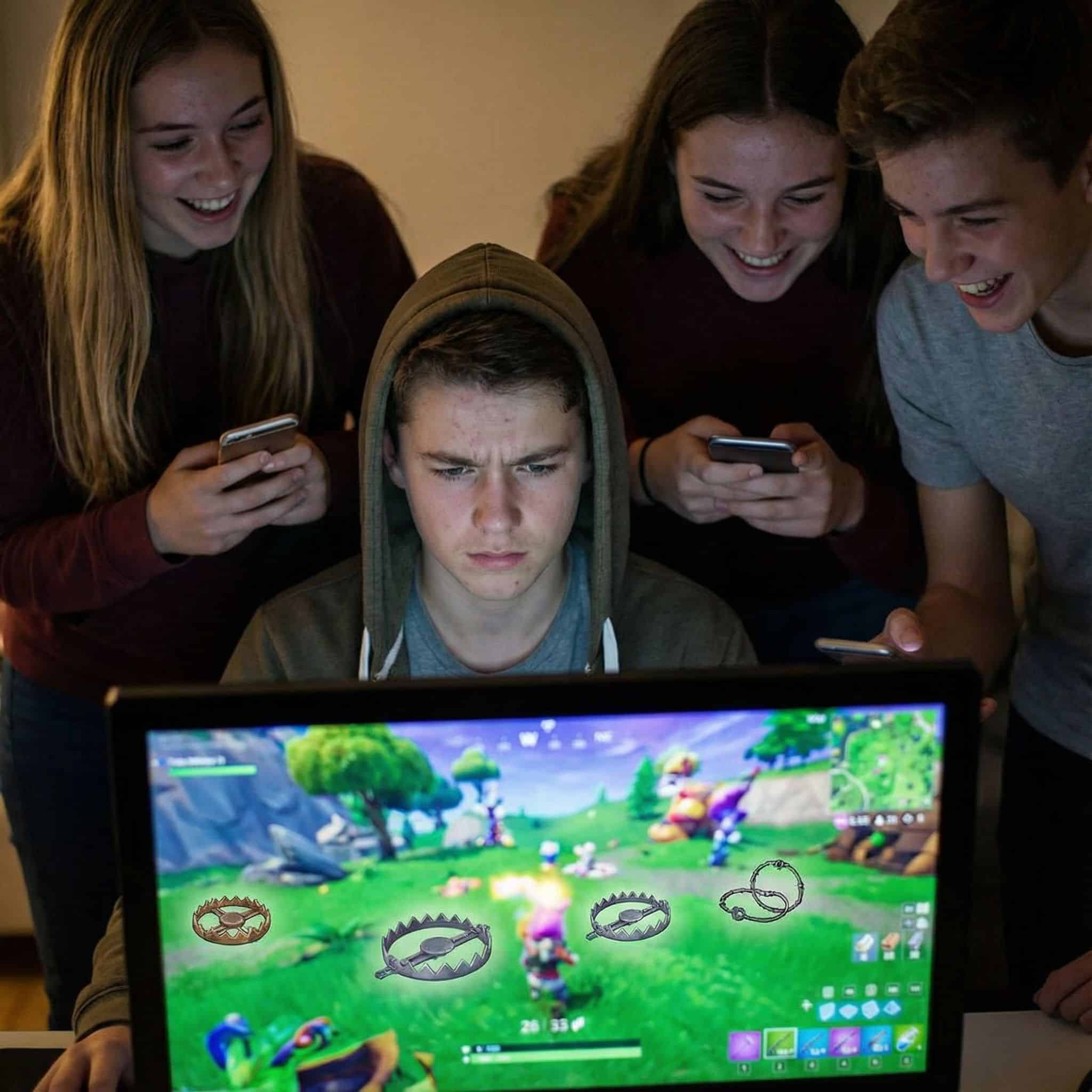 화면 빛에 얼굴을 묻은 십대와 웃는 친구들 뒤로, 화려한 게임 그래픽 속에 올가미와 덫이 숨어 있습니다.