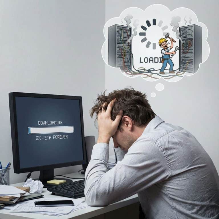 뇌 모양의 작은 기술자가 다운로드 진행 표시줄을 급히 수리하는 모습을 머리 속에 그린 당황한 사람의 모습이다.