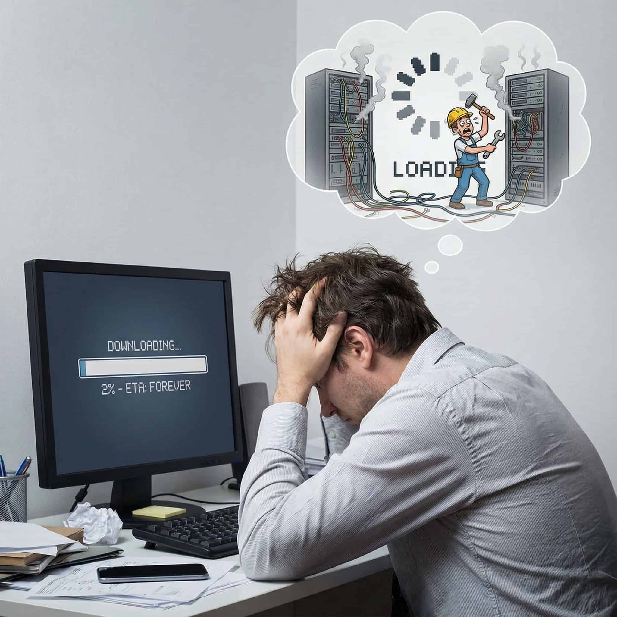 뇌 모양의 작은 기술자가 다운로드 진행 표시줄을 급히 수리하는 모습을 머리 속에 그린 당황한 사람의 모습이다.