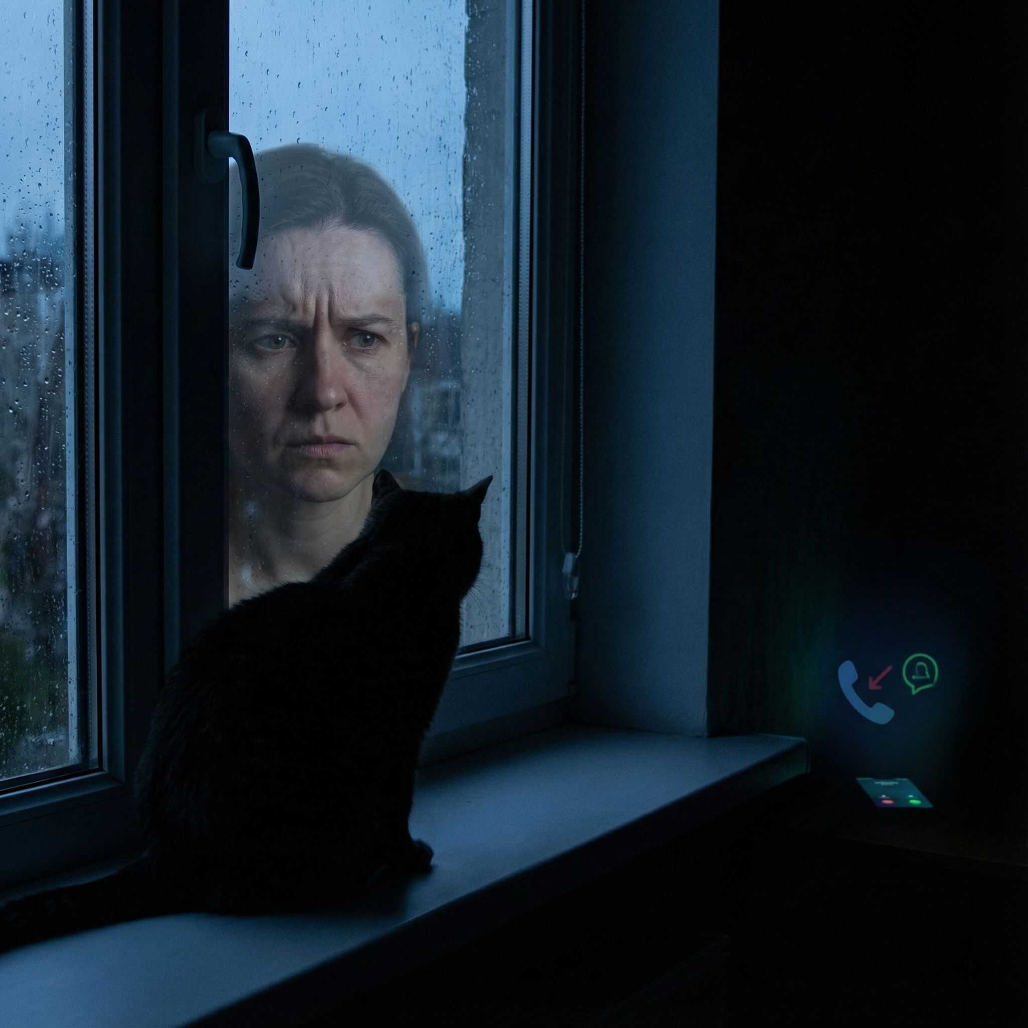 어두운 방에서 고양이가 지켜보는 가운데 창문에 비친 불안한 표정의 얼굴과 그림자 속 희미한 폰 기호가 어른거리는 모습이다.