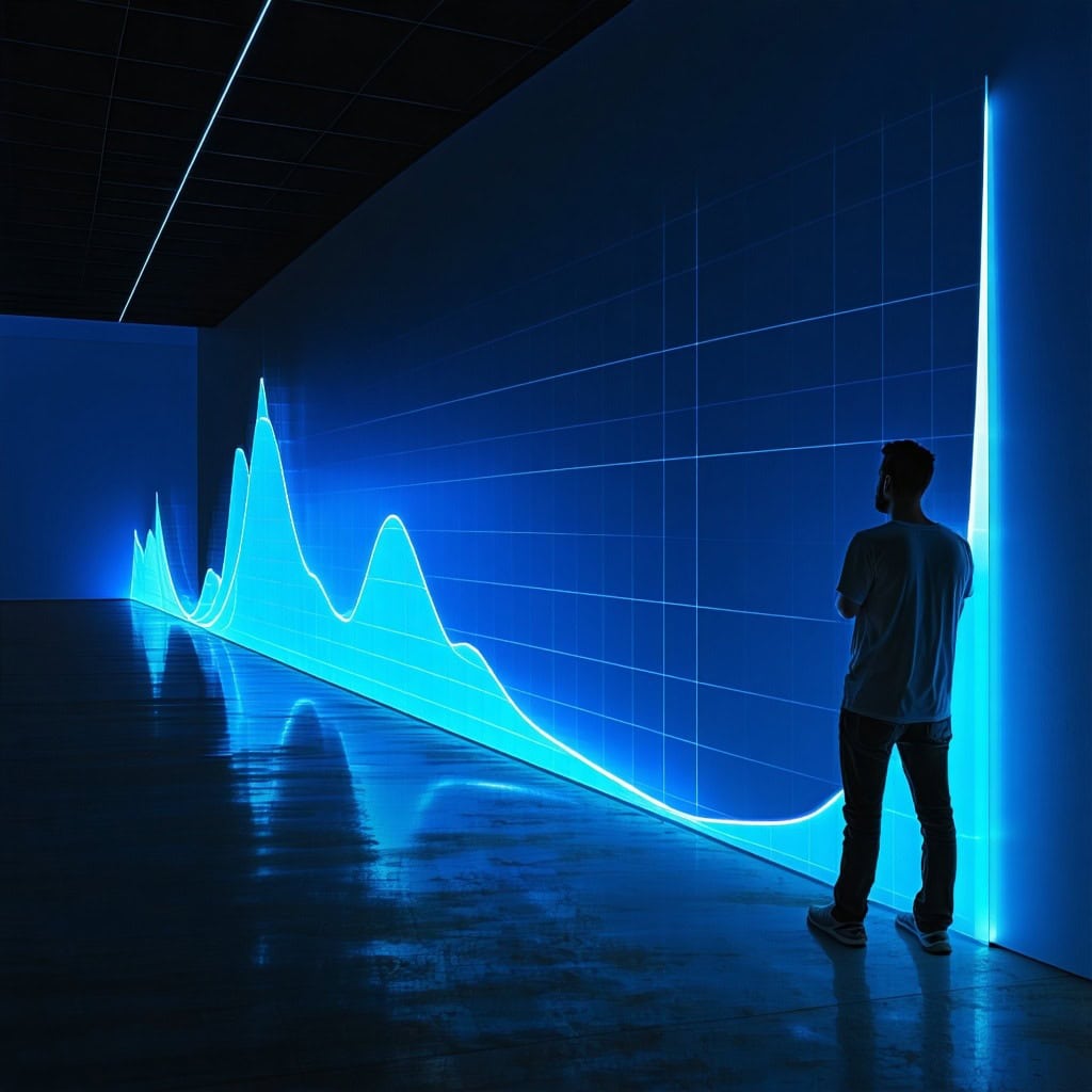 푸른빛 그래프가 비치는 벽 앞에서 한 사람이 조용히 바라보고 있는 장면