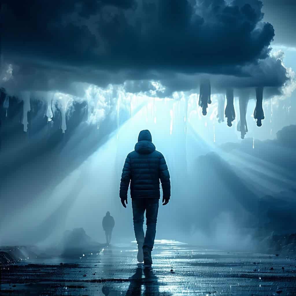 구름 사이로 빛이 스며드는 길 위를 패딩 점퍼를 입은 사람이 걸어가고 있다