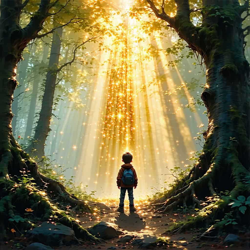 숲속에서 배낭을 멘 아이가 내려오는 황금빛 햇살을 바라보고 있다