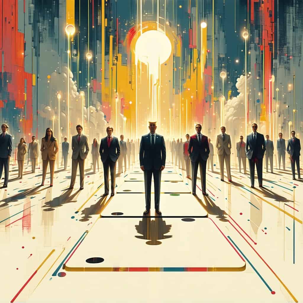 여러 사람들이 정장을 입고 밝은 빛이 비치는 공간에 서 있는 모습