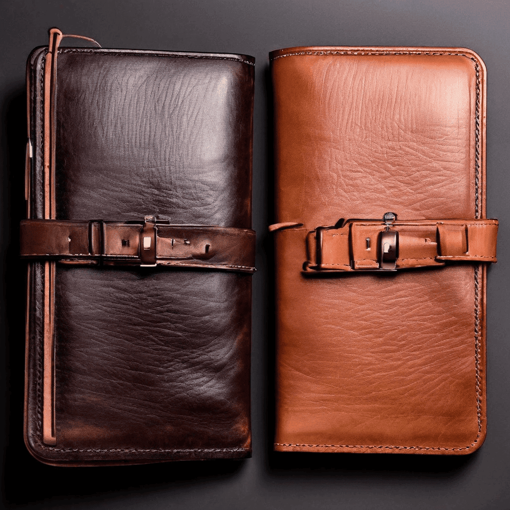 한쪽은 거친 질감의 채소 단백 가죽 공예품, 다른 쪽은 반짝이는 광택의 크롬 단백 가죽 제품을 나란히 비교한 구도입니다.