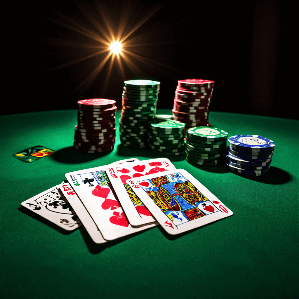 초록색 펠트 포커 테이블 위에 놓인 로얄 플러시와 포카드 카드 주변으로 빛나는 수학적 확률 공식과 그래프가 겹쳐져 있는 모습이다.