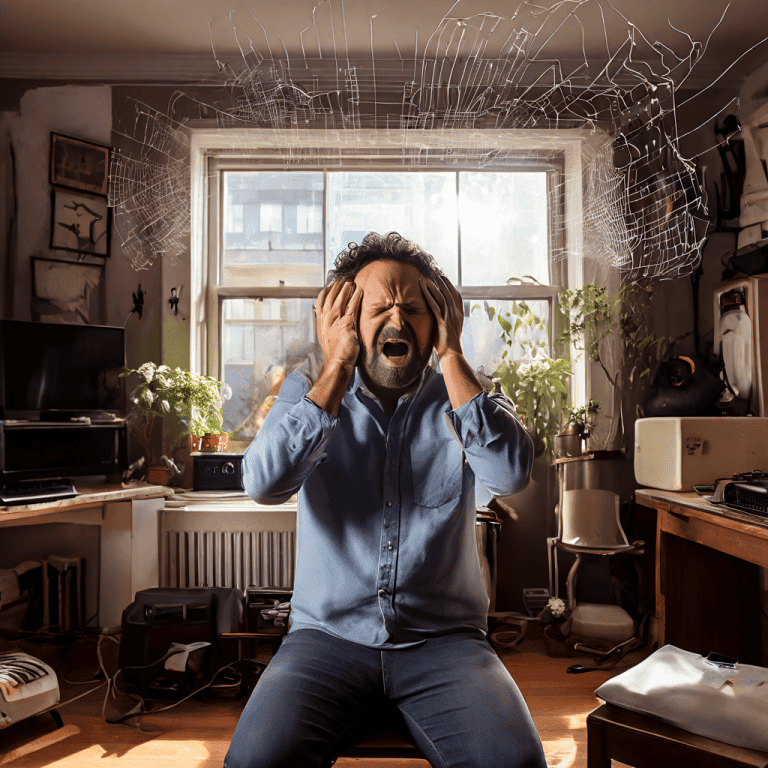 화가 난 아파트 거주자가 귀를 막은 채 저주파 소리와 이웃의 진동으로 흔들리는 벽과 가구를 바라보는 모습이다.