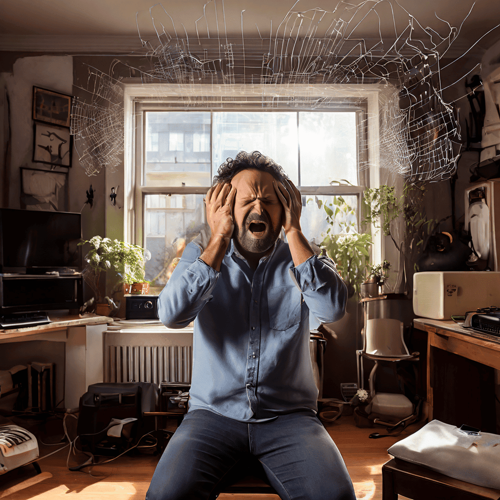 화가 난 아파트 거주자가 귀를 막은 채 저주파 소리와 이웃의 진동으로 흔들리는 벽과 가구를 바라보는 모습이다.