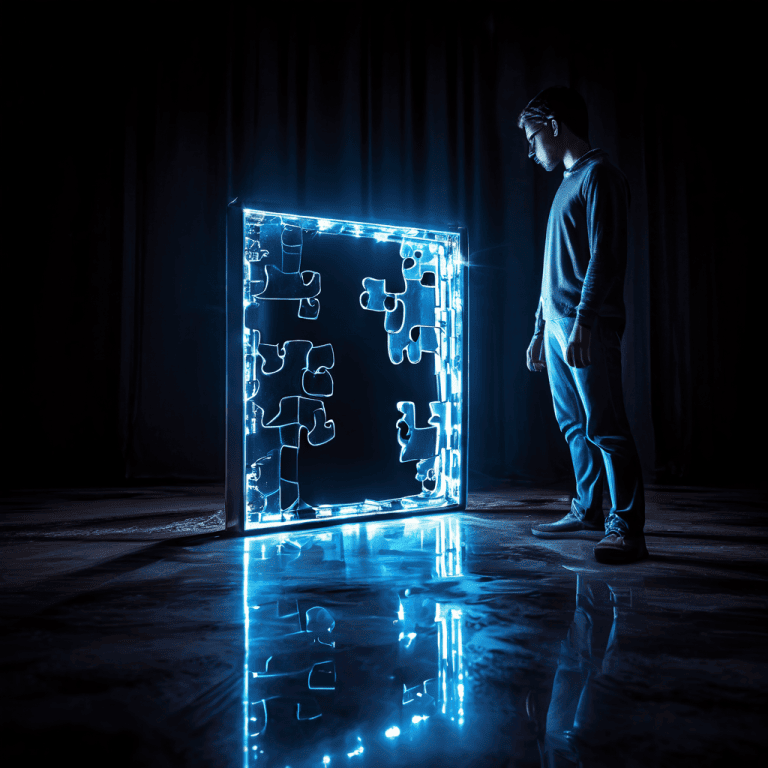자아 정체성 탐구와 내면의 갈등을 상징적으로 표현한 이미지로, 왜곡된 거울 속 자신의 모습을 바라보며 빛나는 퍼즐 조각을 들고 있는 인물과 유혹적인 거짓말을 속삭이는 반영을 담고 있습니다.