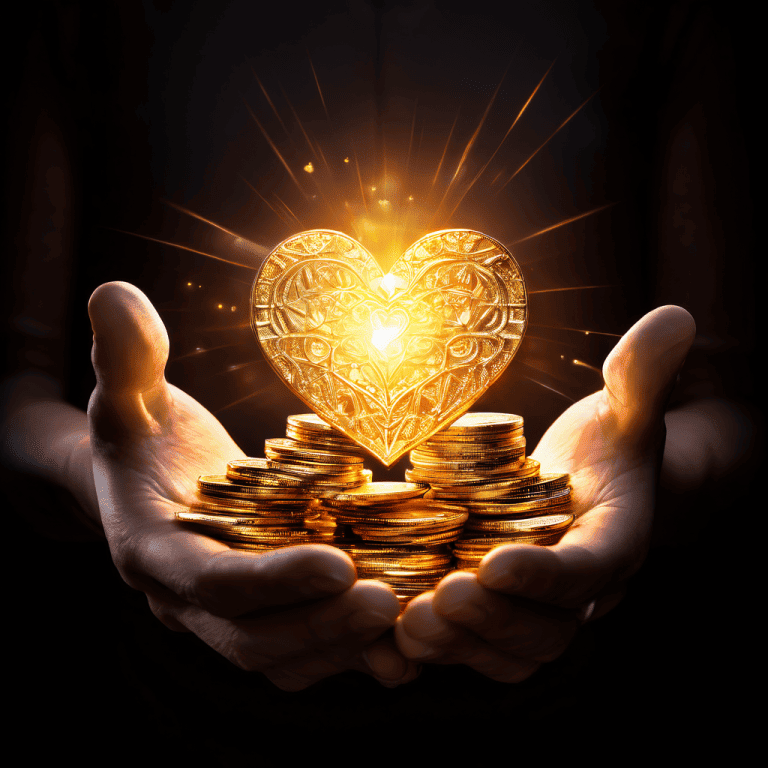 진정한 내재적 가치를 상징하는 빛나는 심장 형태의 핵심과 금화 더미 사이에서 망설이는 손이 물질적 가치와 정신적 가치 사이의 선택 갈등을 시각적으로 표현한 이미지입니다.