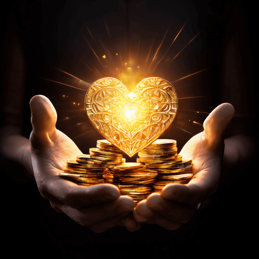 진정한 내재적 가치를 상징하는 빛나는 심장 형태의 핵심과 금화 더미 사이에서 망설이는 손이 물질적 가치와 정신적 가치 사이의 선택 갈등을 시각적으로 표현한 이미지입니다.