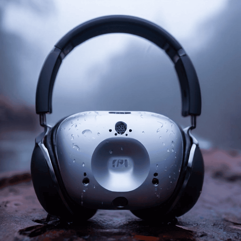 에어팟 맥스 이어컵 안쪽에 짙은 수분이 맺혀 있고, 그 안에 희미하게 위험 경고 표시가 비치는 모습이다.