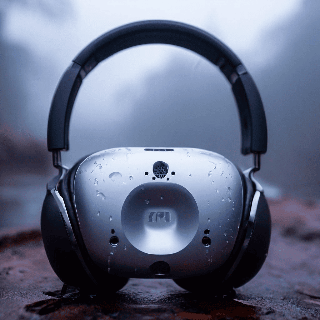 에어팟 맥스 이어컵 안쪽에 짙은 수분이 맺혀 있고, 그 안에 희미하게 위험 경고 표시가 비치는 모습이다.