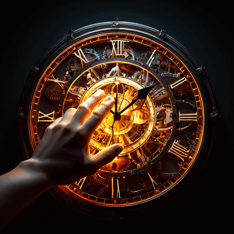 과거와 미래를 상징하는 망가진 시계 톱니바퀴 배경 앞에서, 현재를 의미하는 빛나는 'now'를 향해 손을 뻗는 모습이 유혹의 순간적 속성을 상징적으로 표현한 이미지입니다.