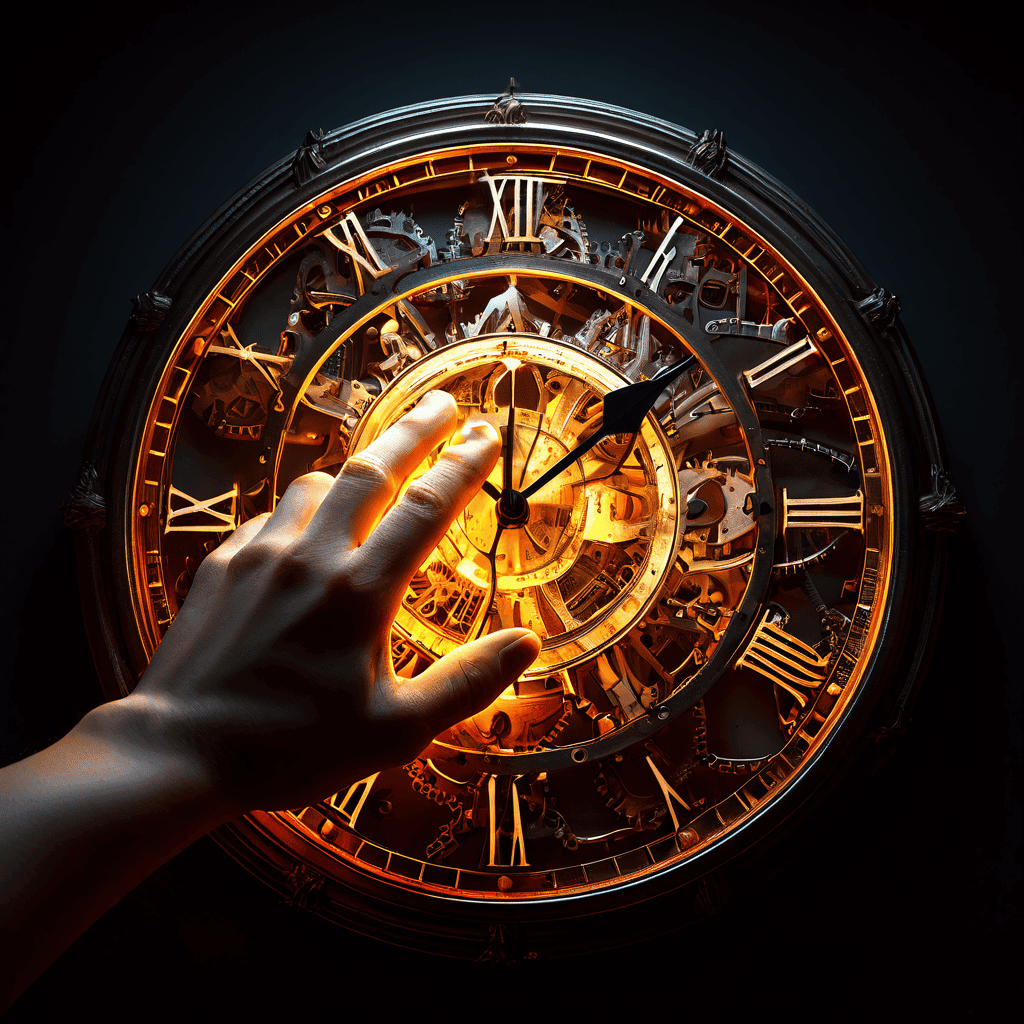 과거와 미래를 상징하는 망가진 시계 톱니바퀴 배경 앞에서, 현재를 의미하는 빛나는 'now'를 향해 손을 뻗는 모습이 유혹의 순간적 속성을 상징적으로 표현한 이미지입니다.