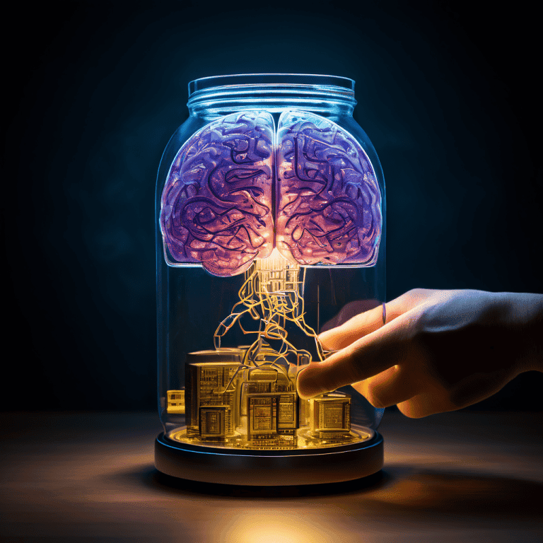 두뇌 모양의 저금통에 신용카드를 삽입하면 신경 연결이 빛나는 모습으로, 금융 습관과 뇌의 인지 과정을 연결한 초현실적인 개념을 시각화한 이미지입니다.
