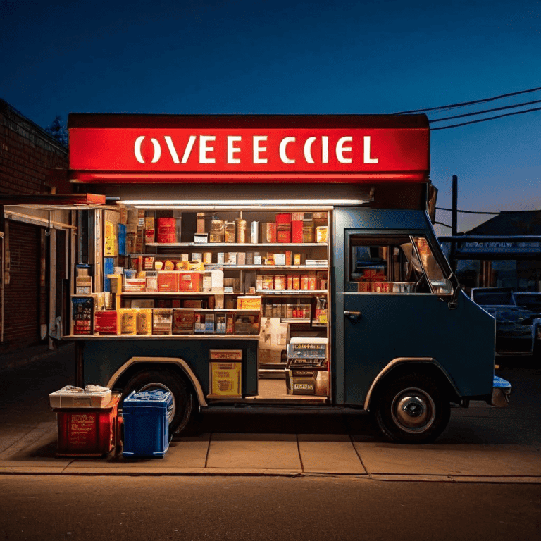 작은 편의점 카운터에 저가 택배 안내가 빛나고, 그 뒤로 어두운 고급 택배 트럭이 겹쳐 보이는 모습이다.