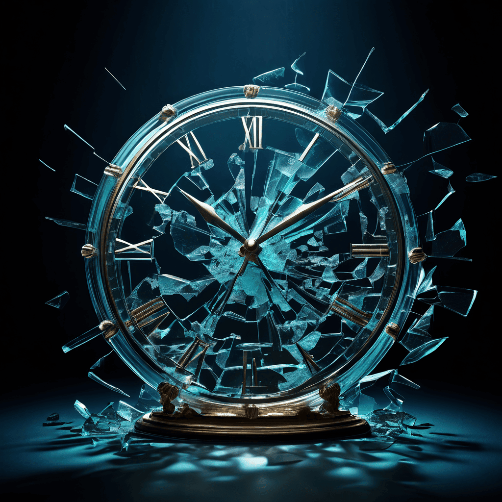 어두운 금융 차트 배경에 유리 조각으로 된 초현실적 시계가 조각난 채 위로 흩어지며 중력을 거스르는 모습이다.
