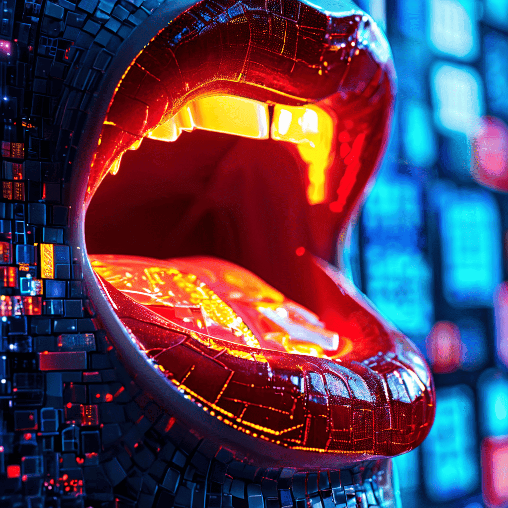 인간의 혀를 클로즈업한 표면이 기업 로고와 빛나는 디지털 광고 모자이크로 뒤덮인 모습을 통해 현대인의 일상이 상업적 메시지로 포화된 상태를 상징적으로 표현한 이미지입니다.