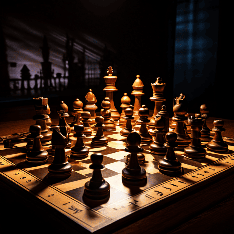 긴 그림자를 드리운 체스 말 위로 숫자 점수가 빛나며, 단순한 점수 이상의 복잡한 전략을 암시하는 모습이다.