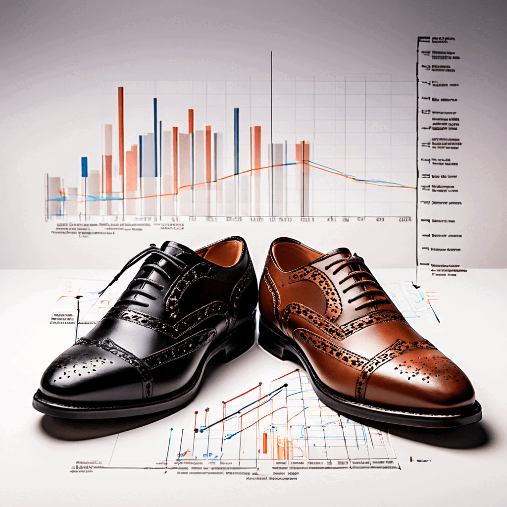 검정색 구두 옥스포드와 더비가 경제 차트와 화살표 사이에 나란히 놓여 각각의 전략적 가치를 설명하는 모습이다.