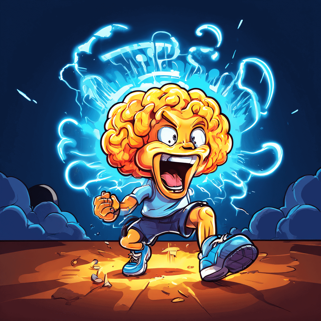 운동 중인 뇌가 스니커즈 밑창 무늬를 형성하며 에너지를 발산하고, 생각 풍선에서 "한 번 더"를 외치는 강렬한 운동 동기부여 이미지입니다.