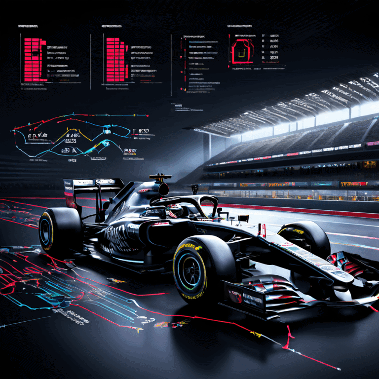 회색 계열의 레이아웃에 F1 트랙 위에 타이어 수명 그래프와 피트 스톱 시점을 나타내는 차트가 배치된 모습이다.