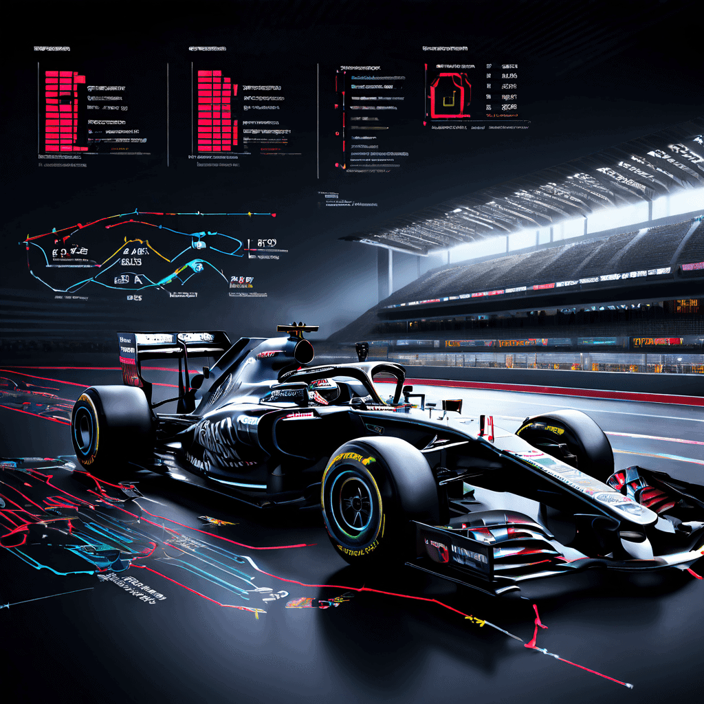 회색 계열의 레이아웃에 F1 트랙 위에 타이어 수명 그래프와 피트 스톱 시점을 나타내는 차트가 배치된 모습이다.