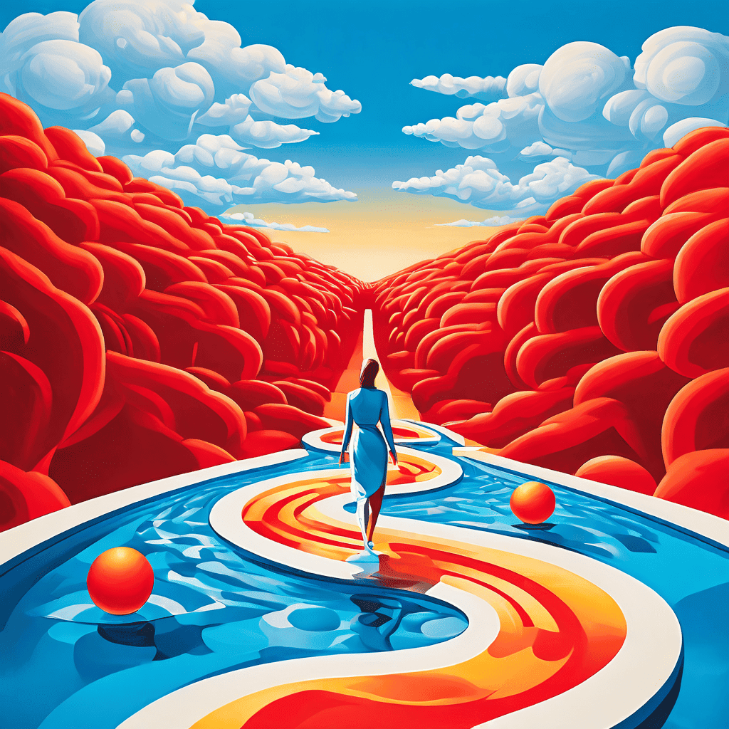 시각적 잔상이 무의식적인 선택을 이끄는 과정을 상징적으로 표현한 생동감 넘치는 빛의 착시 현상 속에 떠다니는 추상적 형상이 그려져 있습니다.